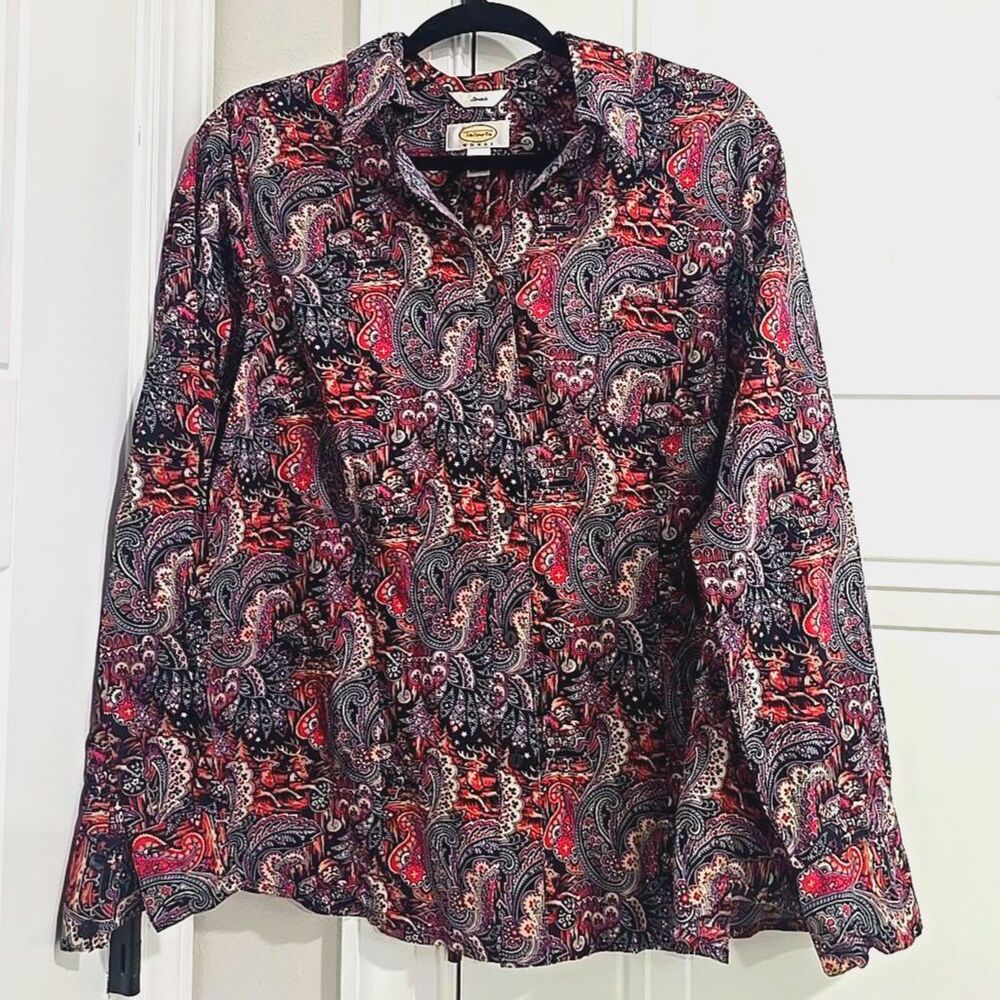 Talbots Women's Stretch Button Shirt 1X Paisley Holiday Santa Reindeer Christmas